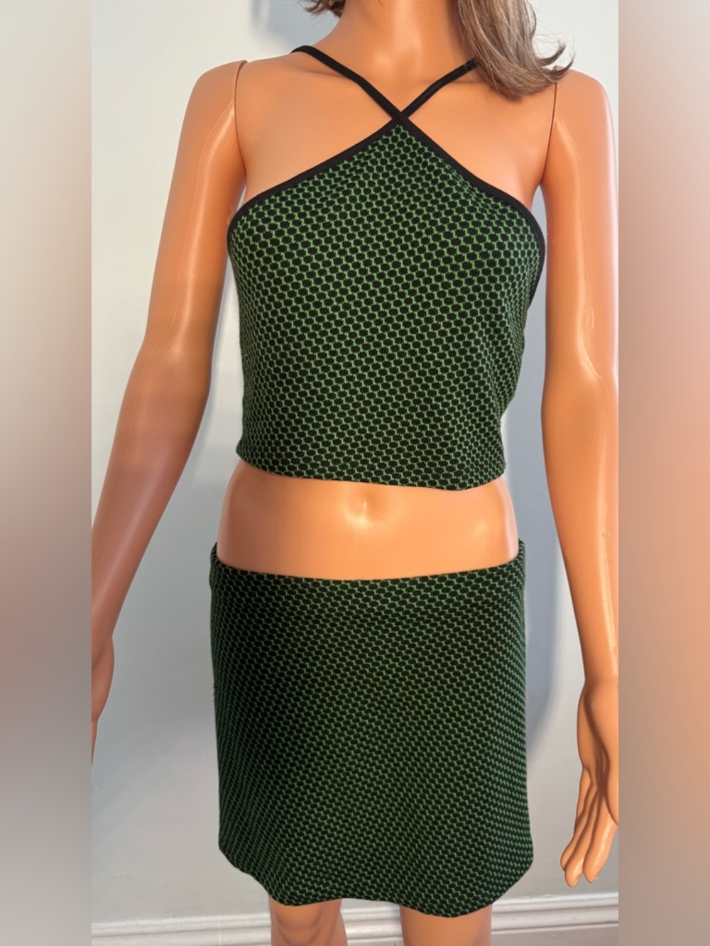 Zara, black & green honeycomb knit halter crop top, matching mini skirt set.